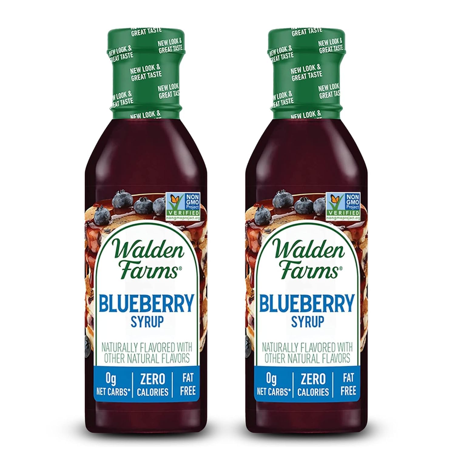 Walden Farms Blueberry Syrup bottle pour on pancakes, zero calories.