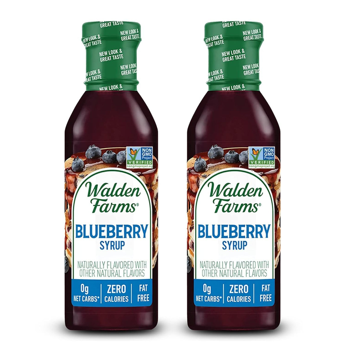 Walden Farms Blueberry Syrup bottle pour on pancakes, zero calories.