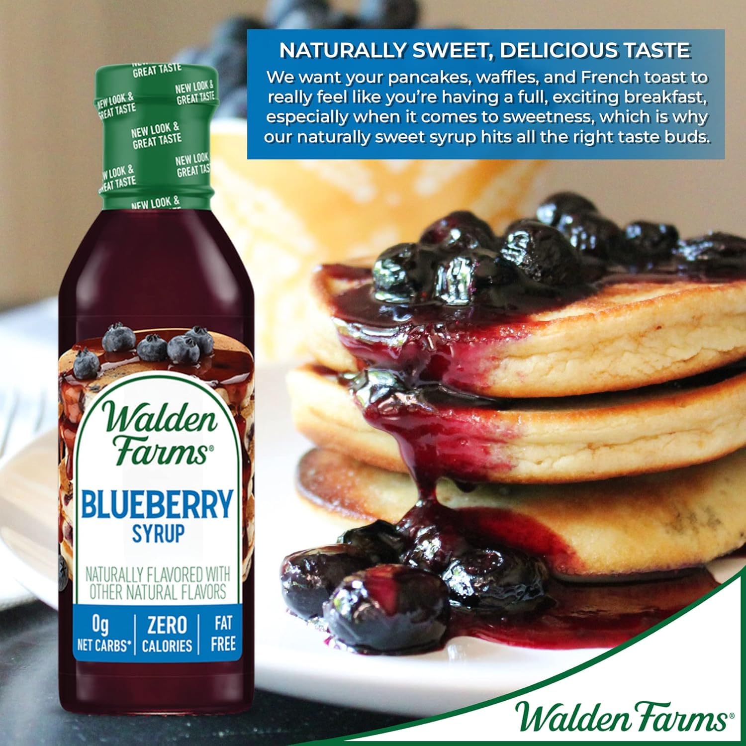 Walden Farms Blueberry Syrup label design highlights allergen-free ingredients.