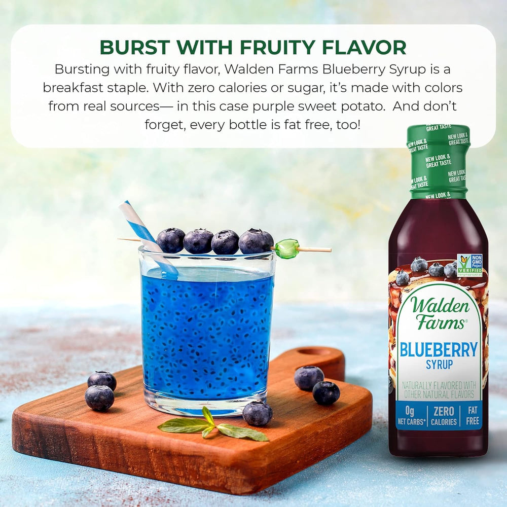 Walden Farms Blueberry Syrup on pancakes with rich blueberry topping.
