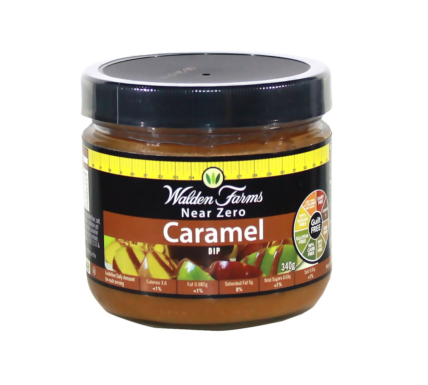 Walden Farms caramel dessert dip jar, creamy caramel color, zero calories per serving, keto-friendly