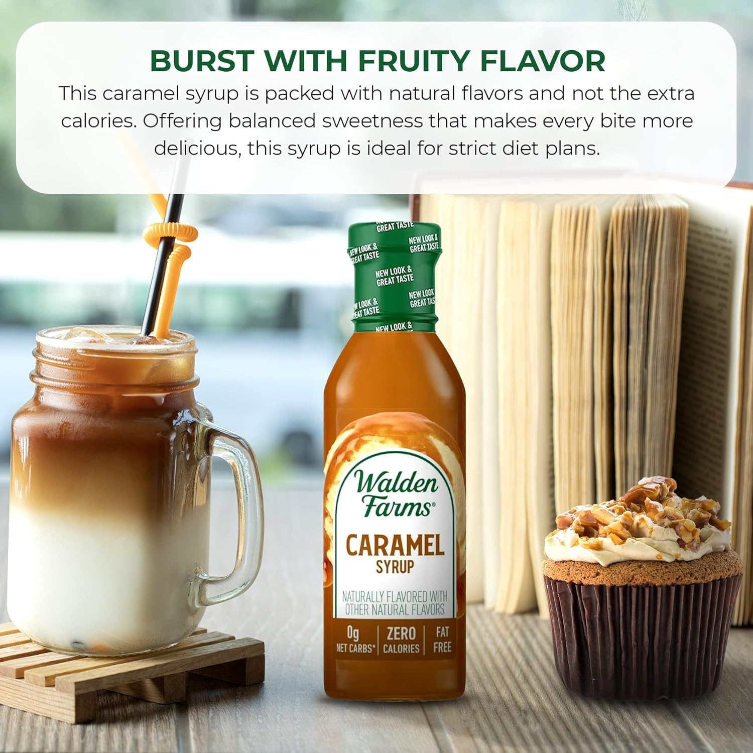 Pouring Walden Farms Caramel Syrup from a bottle for a smooth drizzle.