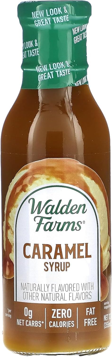 Walden Farms Caramel Syrup bottle pour adds zero-calorie flavor.