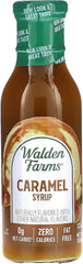 Walden Farms Caramel Syrup bottle pour adds zero-calorie flavor.