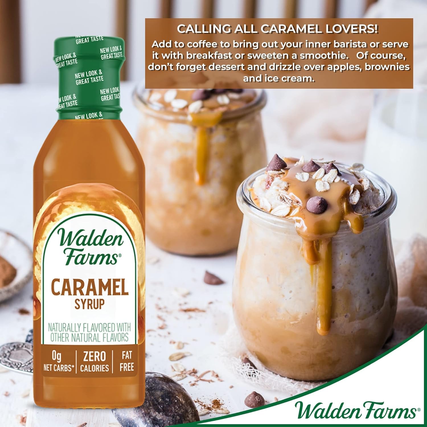Walden Farms Caramel Syrup drizzled over ice cream for flavor enhancement.
