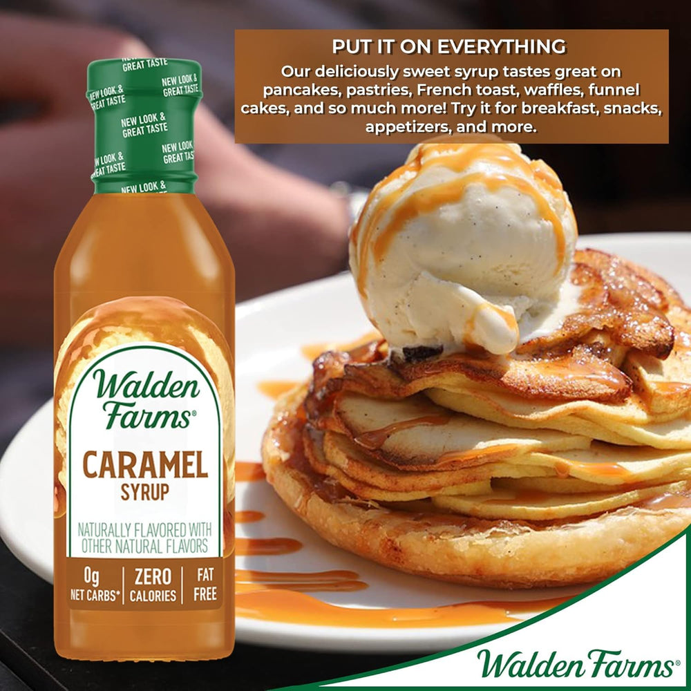 Closeup of Walden Farms Caramel Syrup label highlighting vegan and gluten-free features.