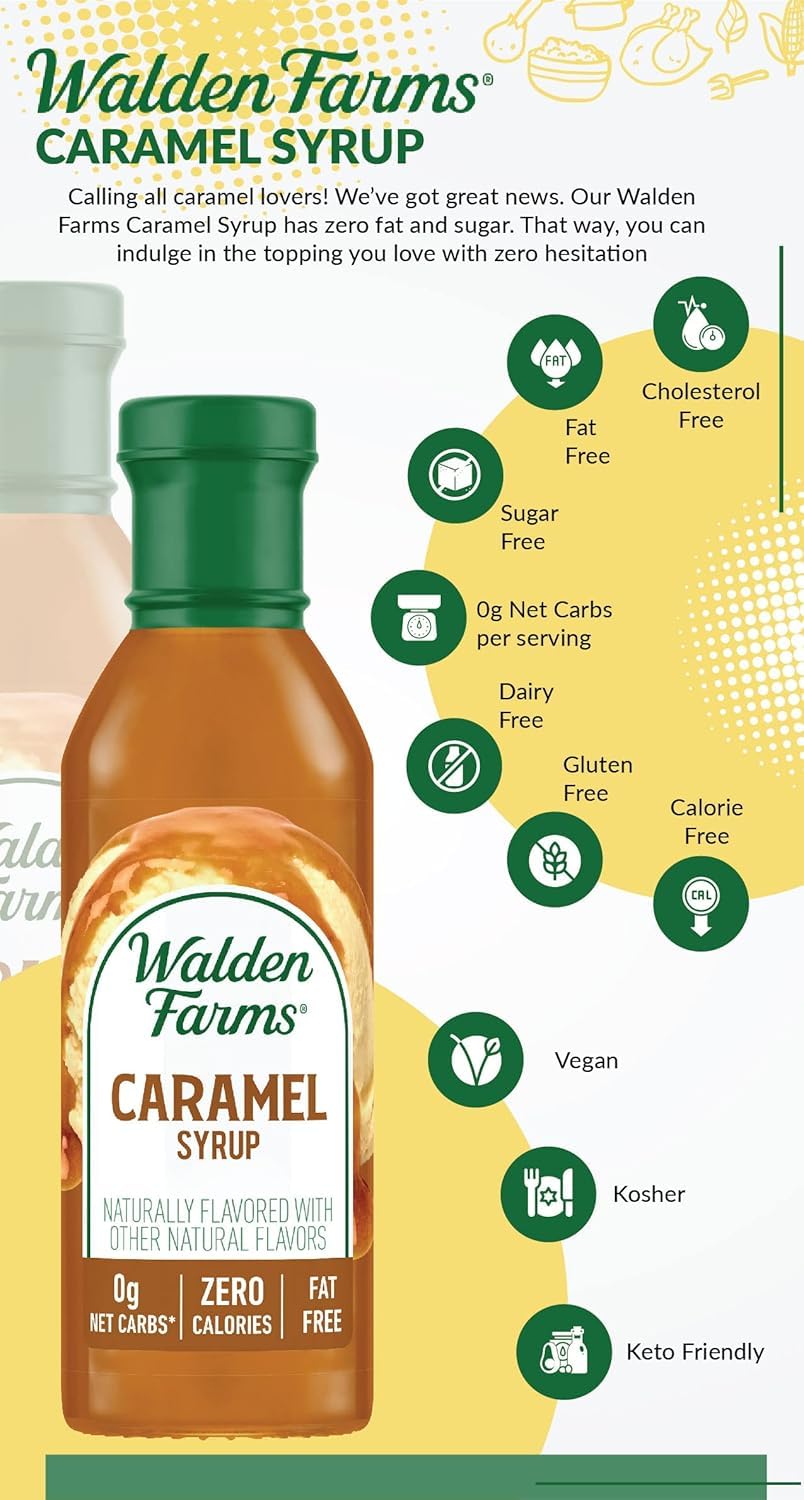Vegan and gluten-free icons on Walden Farms Caramel Syrup label.