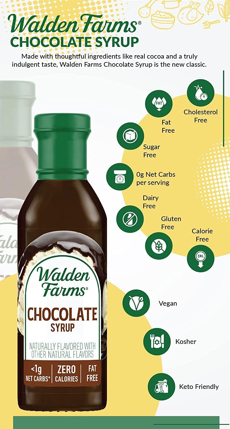 Walden Farms chocolate syrup with fruit—gluten-free, dairy-free, vegan-friendly topping.