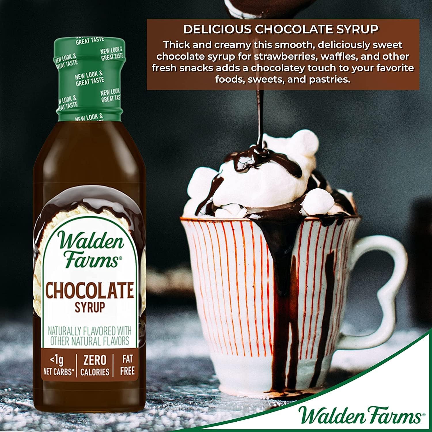 Walden Farms chocolate syrup on ice cream—velvety texture, zero calories.