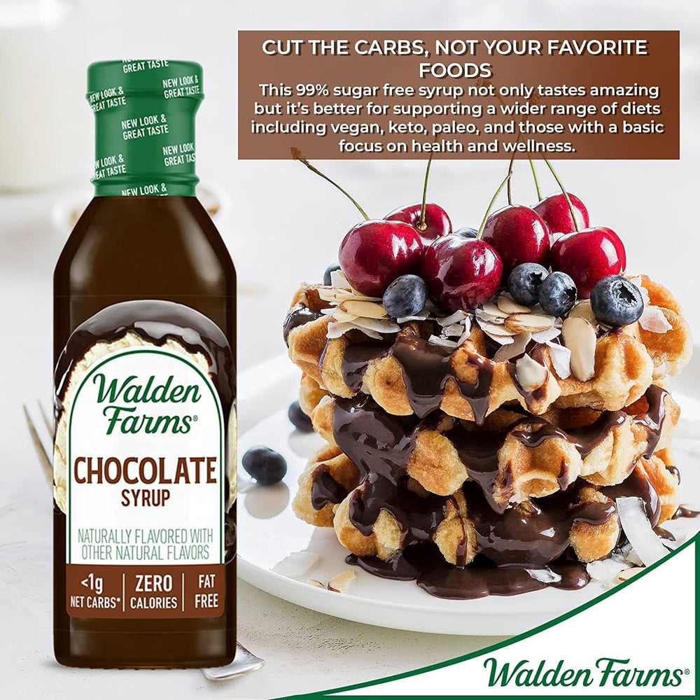 Walden Farms chocolate syrup on pancakes—decadent taste with zero carbs and sugar.