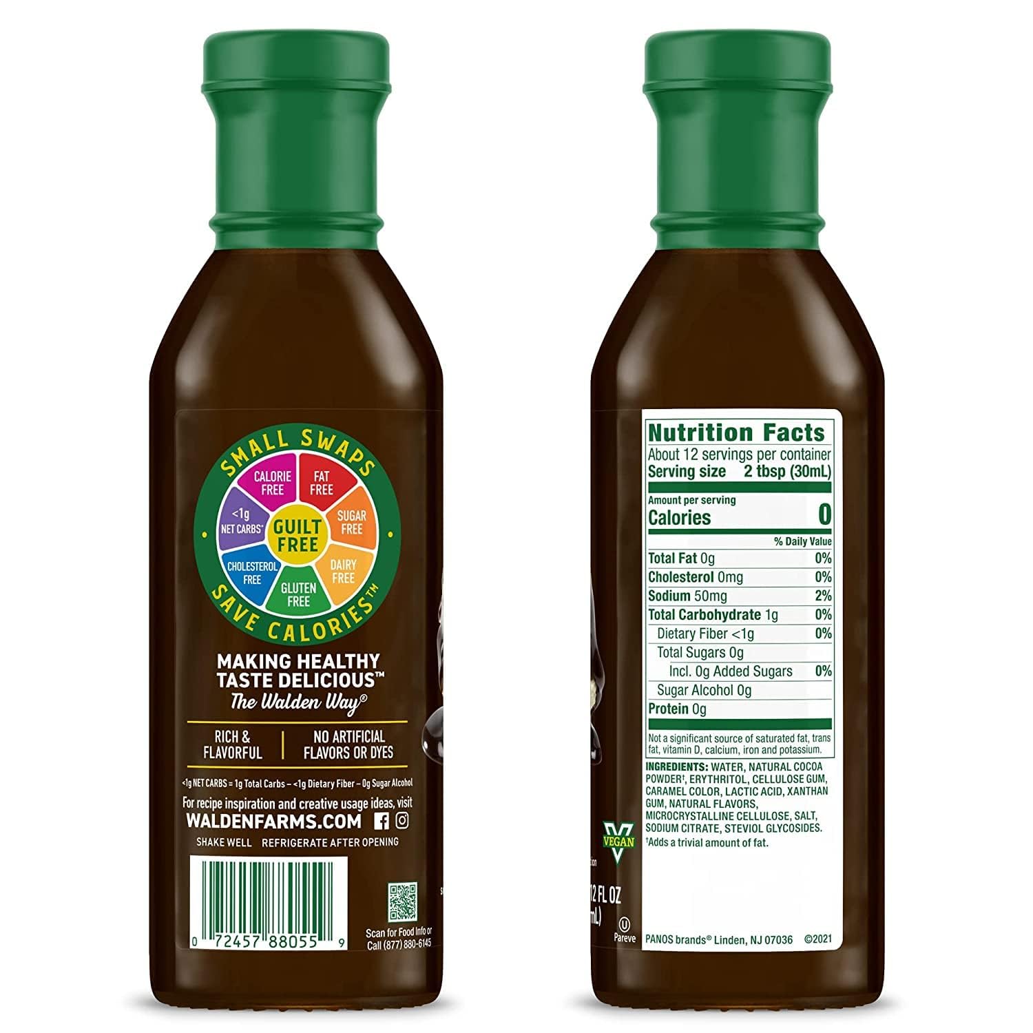 Walden Farms chocolate syrup pours over dessert, sugar-free drizzle for keto-friendly treats.