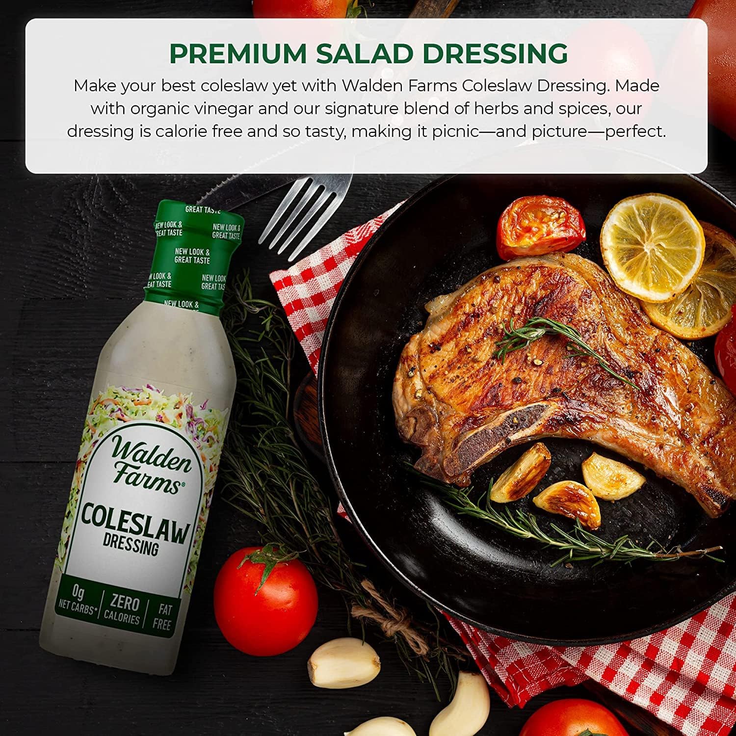 Walden Farms Coleslaw Dressing bottle side view highlights keto-friendly and dairy-free features