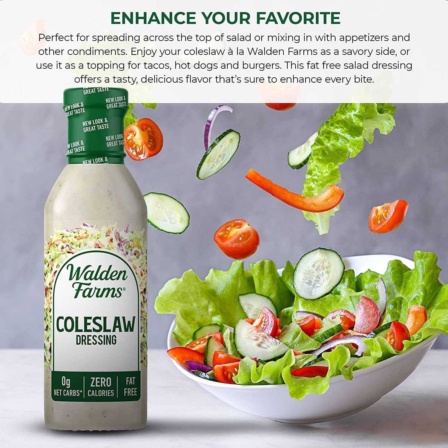 Walden Farms Coleslaw Dressing label close-up emphasizes gluten-free and calorie-free claims