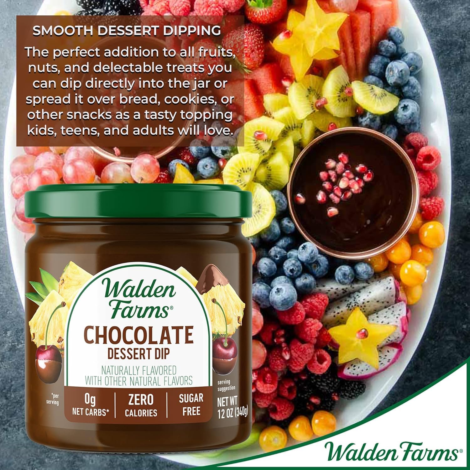 Walden Farms Dip Calorie Free Chocolate on a protein bowl — clean, fat-free flavor boost.