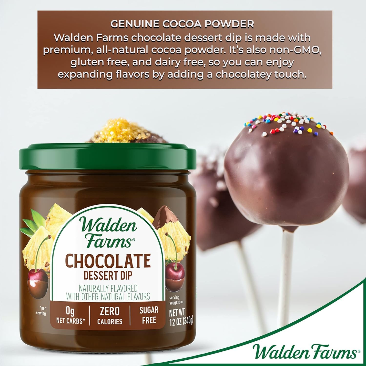 Walden Farms Dip Calorie Free Chocolate with fresh fruit — keto-friendly snack option.