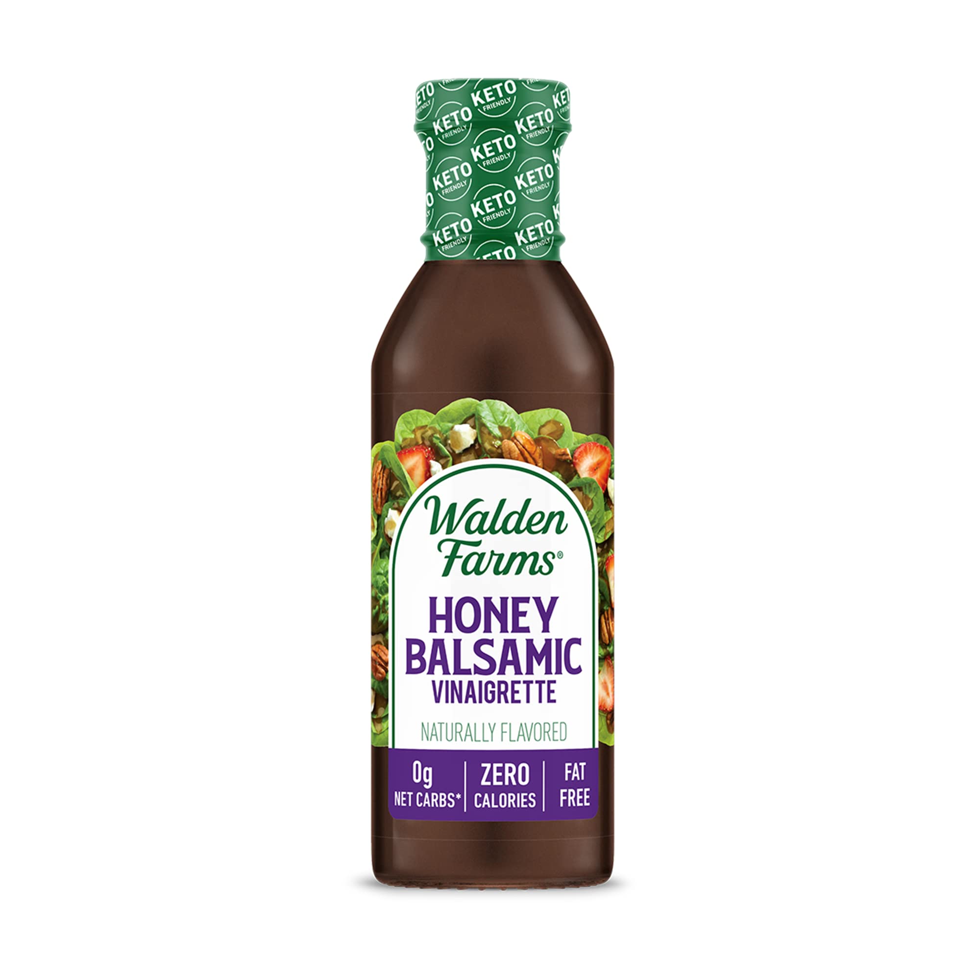 Walden Farms Honey Balsamic Vinaigrette bottle emphasizing zero calories and vegan-friendly formula.