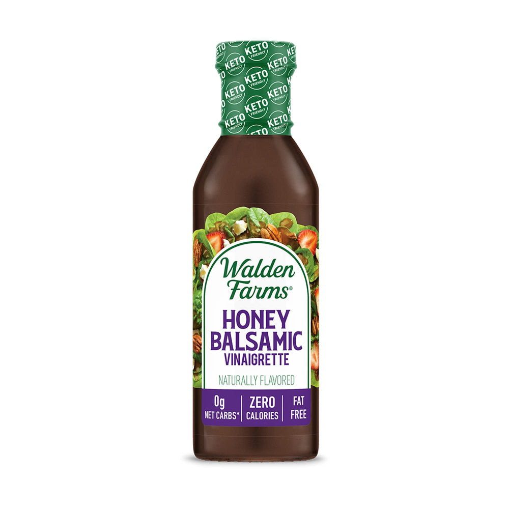 Walden Farms Honey Balsamic Vinaigrette bottle emphasizing zero calories and vegan-friendly formula.