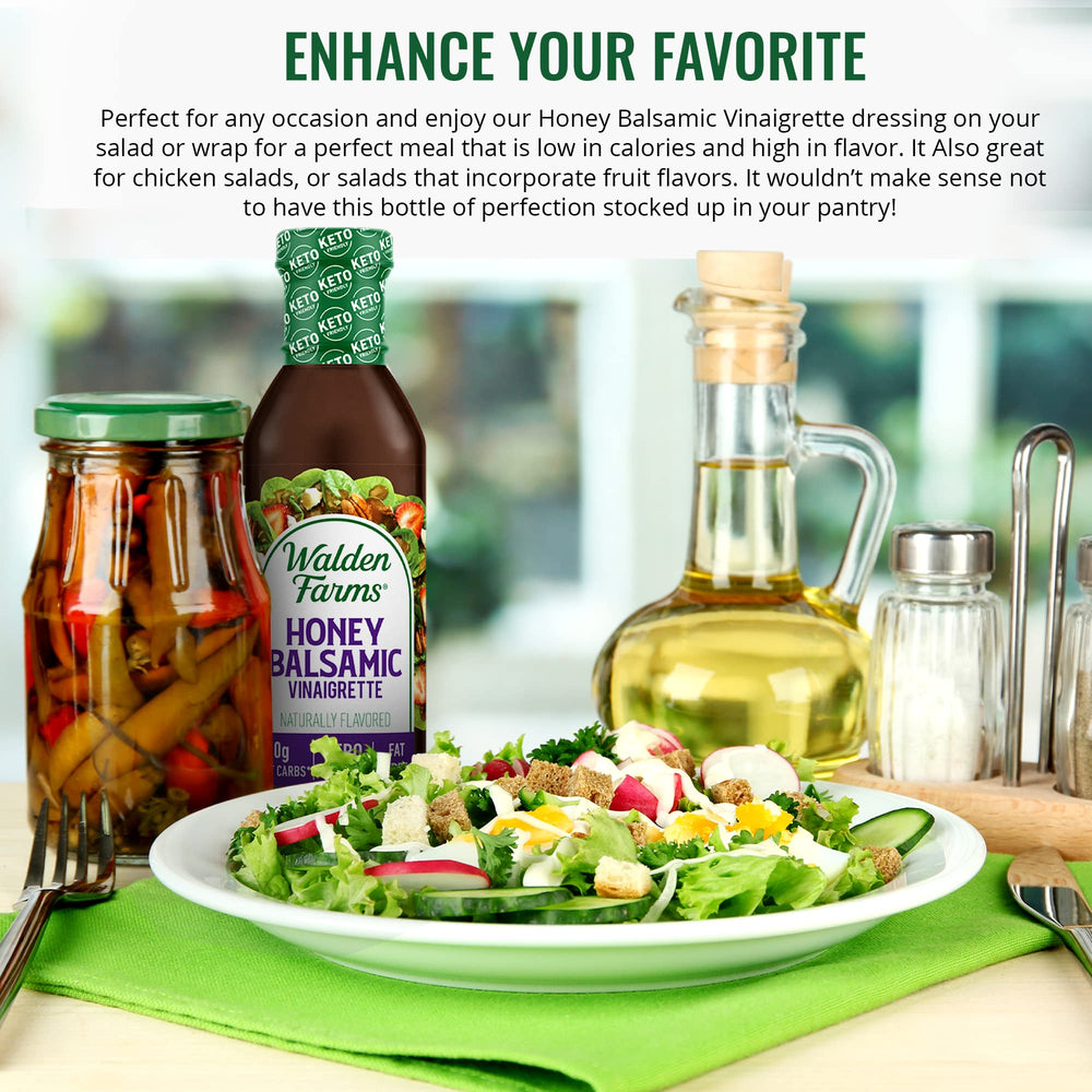 Walden Farms Honey Balsamic Vinaigrette bottle highlights vegan, gluten-free ingredients.