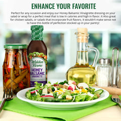 Walden Farms Honey Balsamic Vinaigrette bottle highlights vegan, gluten-free ingredients.