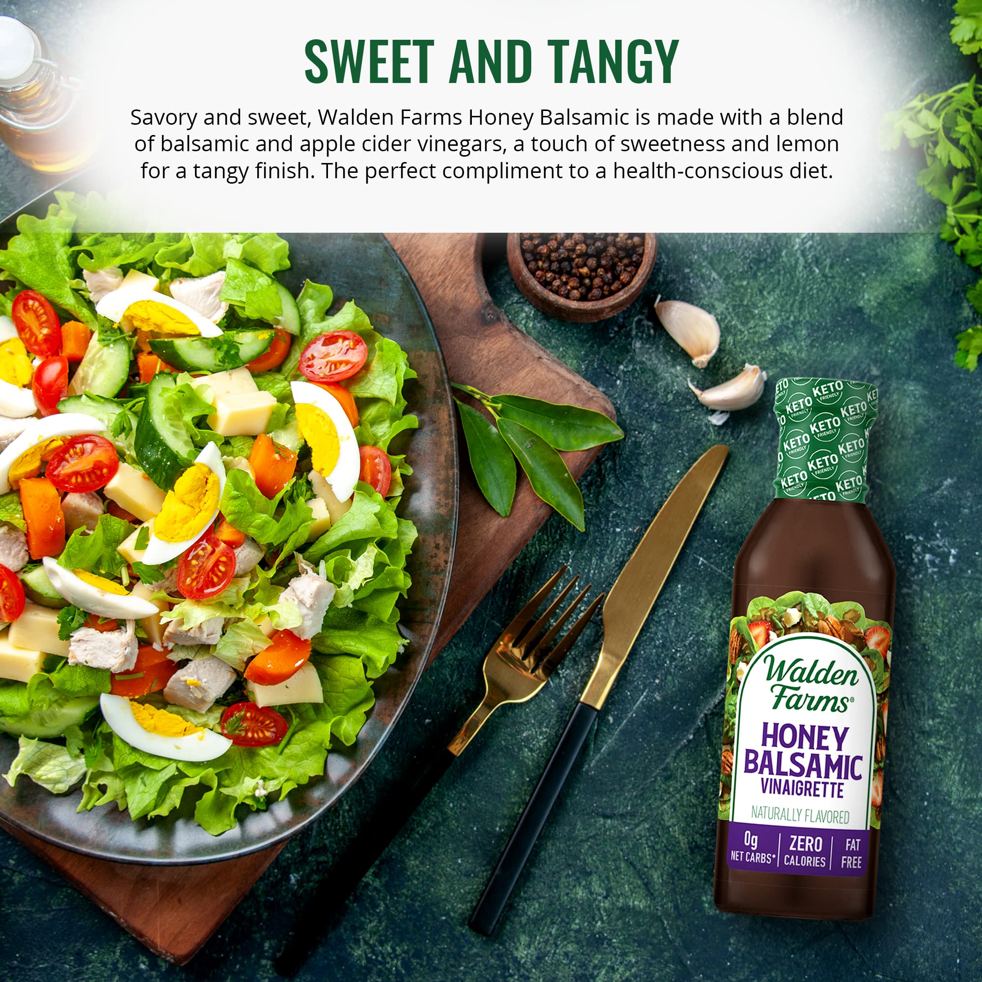 Walden Farms Honey Balsamic Vinaigrette drizzle over greens for a tangy, guilt-free salad.