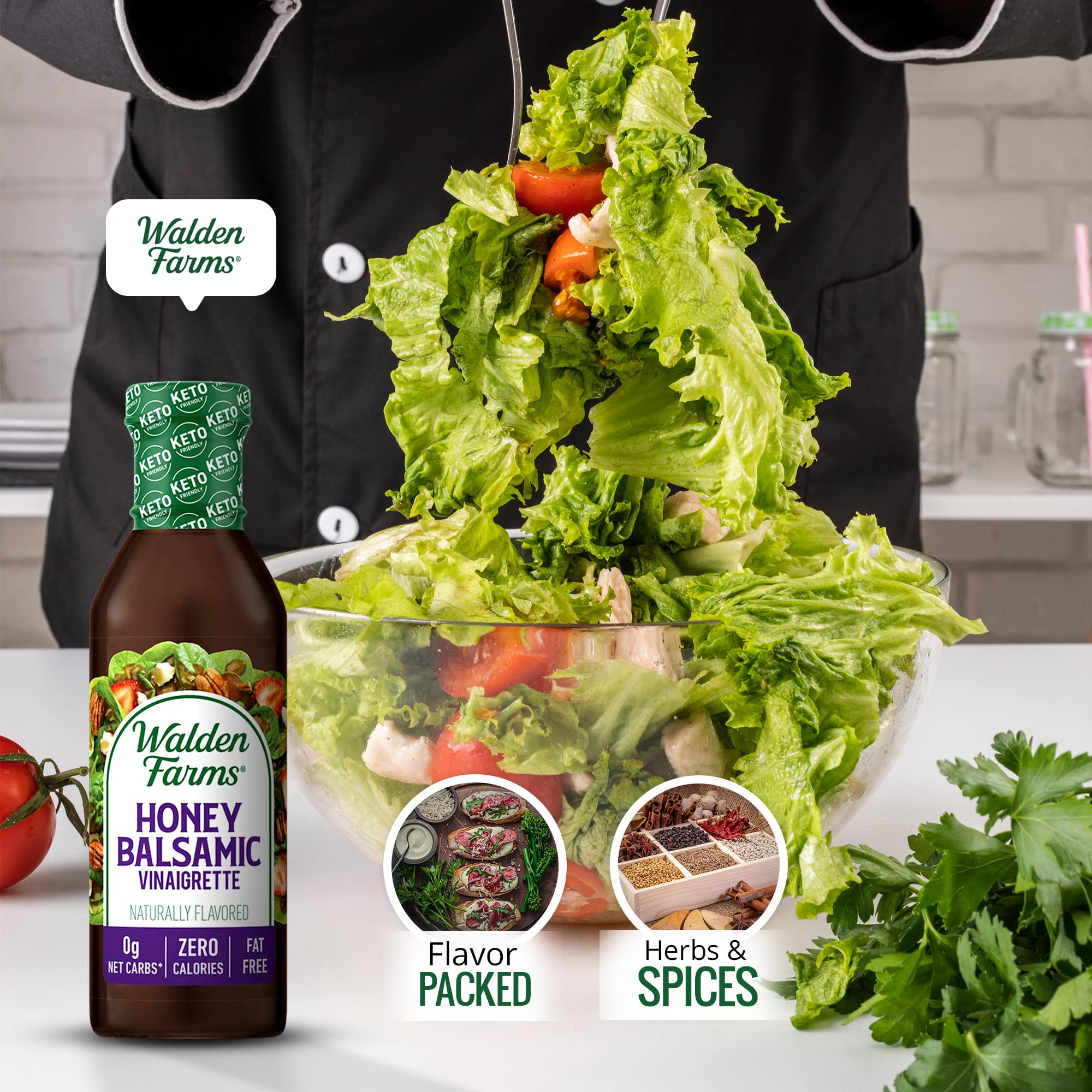 Walden Farms vegan-ready dressing complements plant-based meals.