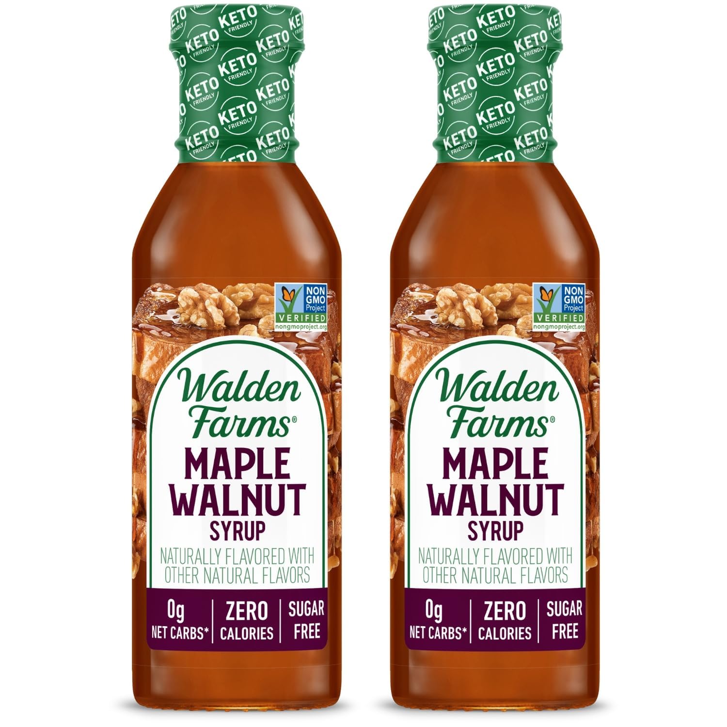 Walden Farms Maple Walnut Syrup bottle front showing zero-calorie sweetness for keto breakfasts.