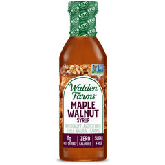 Walden Farms Maple Walnut Syrup bottle shows zero calories and sugar-free sweetness for pancakes.