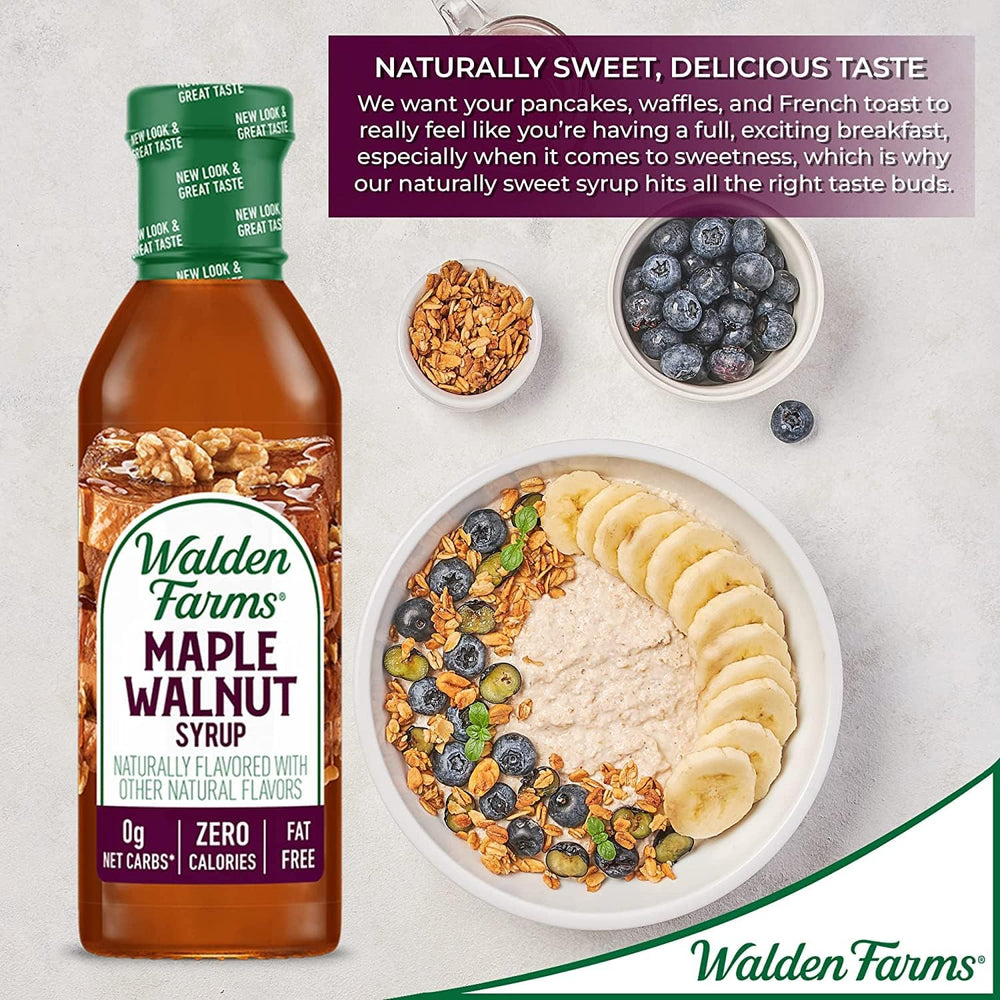 Walden Farms Maple Walnut Syrup bottle in a bright kitchen scene.