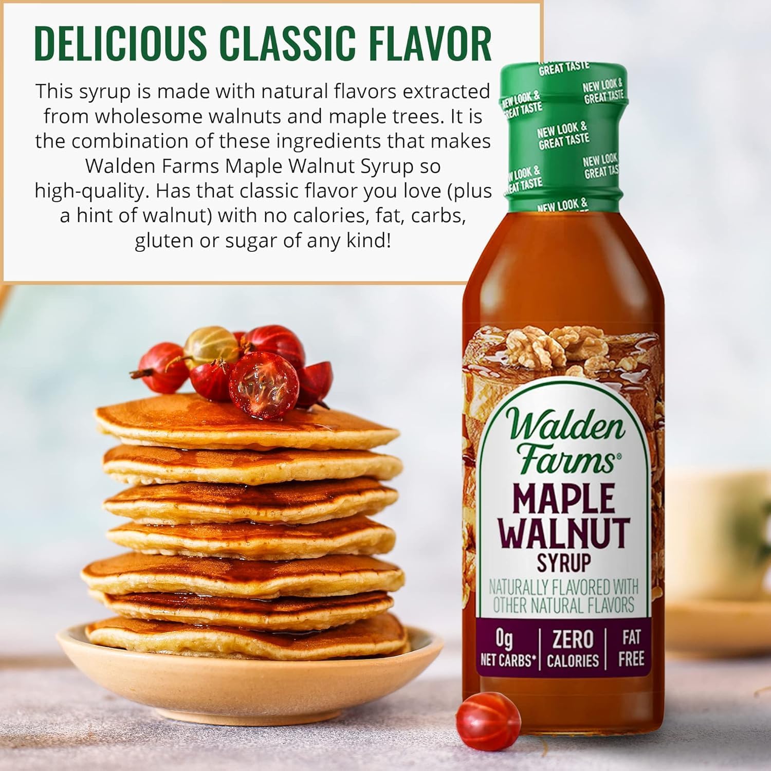 Walden Farms syrup pour over waffles highlighting walnut notes and rich maple aroma.