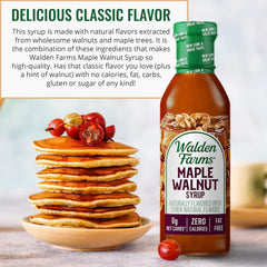 Walden Farms syrup pour over waffles highlighting walnut notes and rich maple aroma.