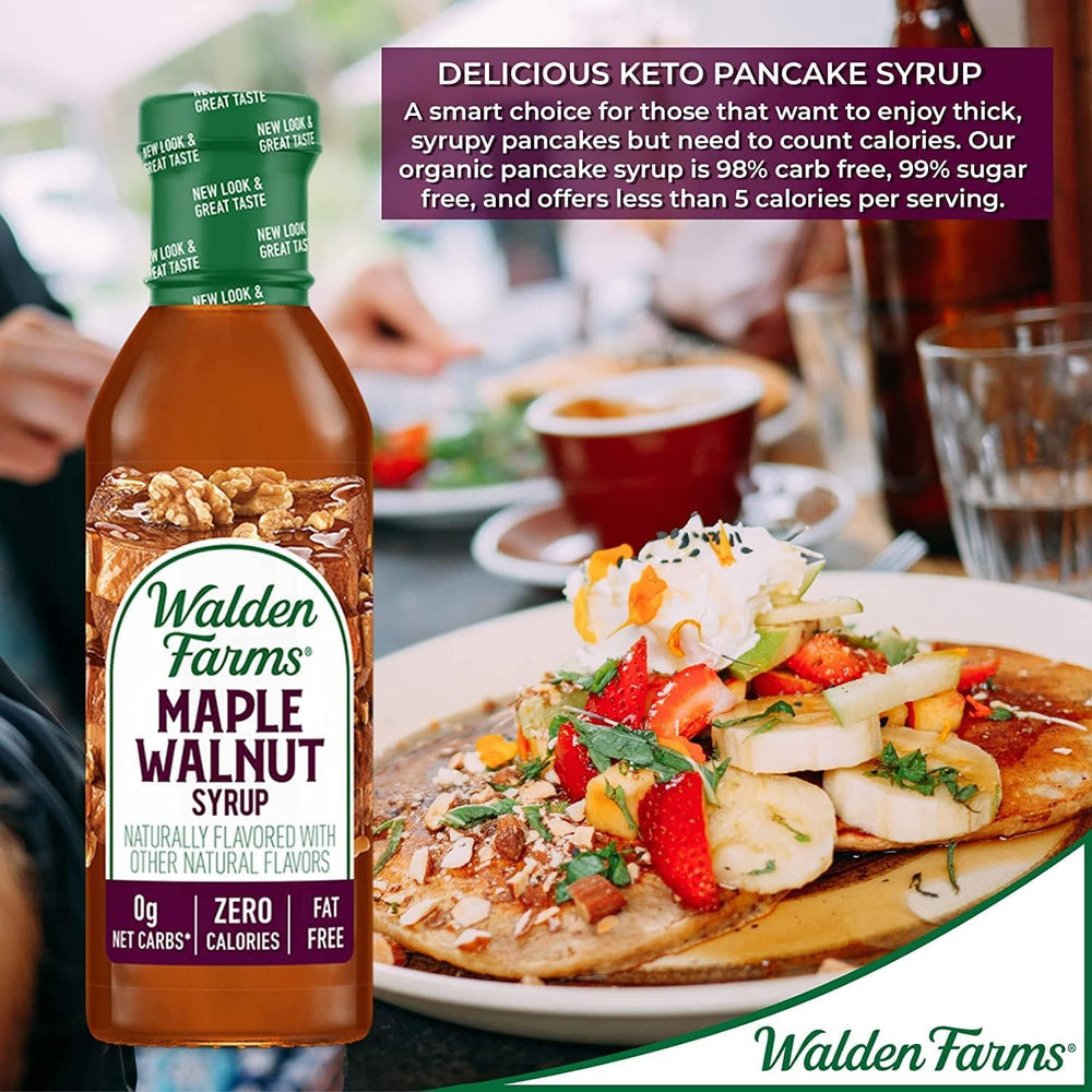 Walden Farms Maple Walnut Syrup bottle highlighting vegan, gluten-free, dairy-free attributes.