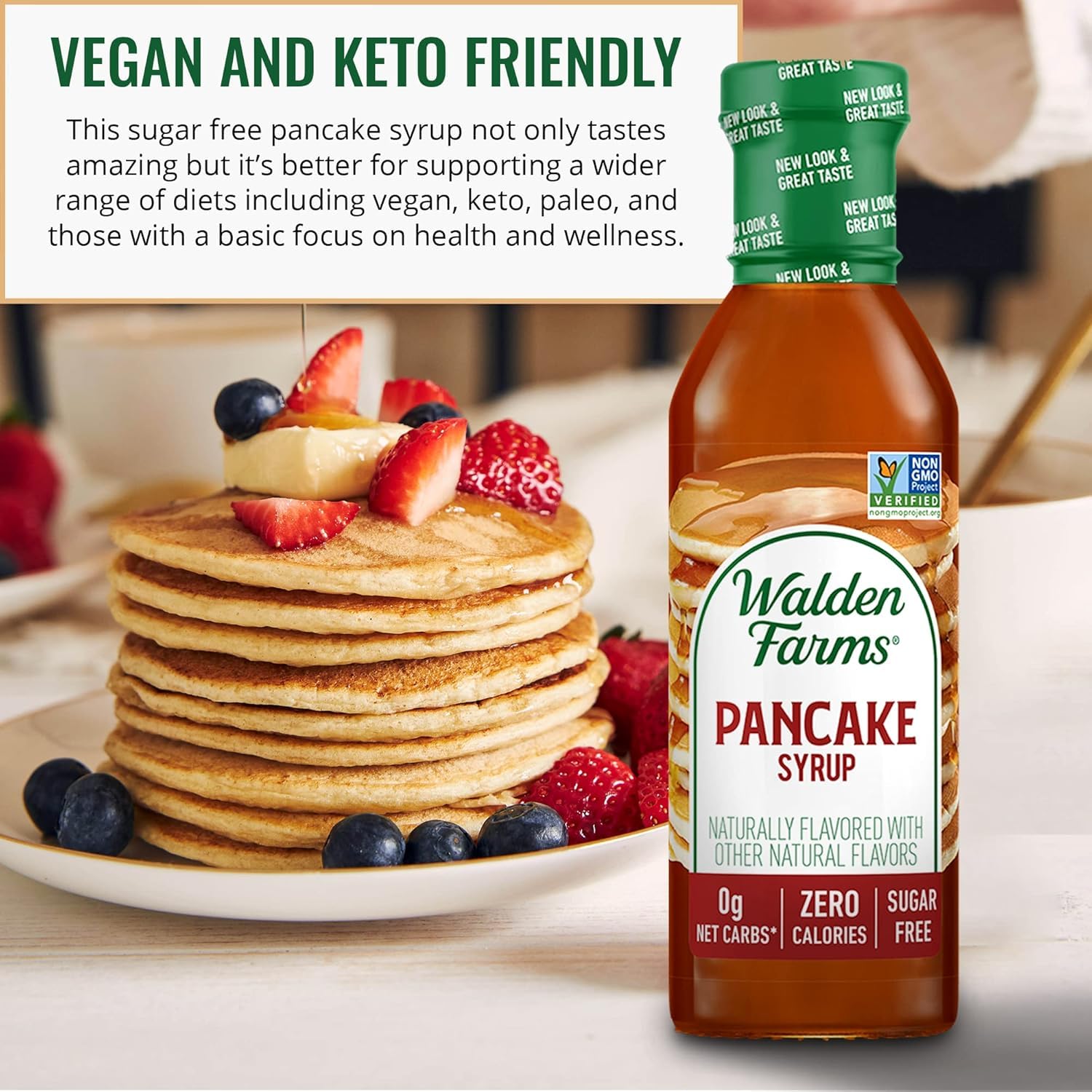 Walden Farms Pancake Syrup atop a stack of pancakes.