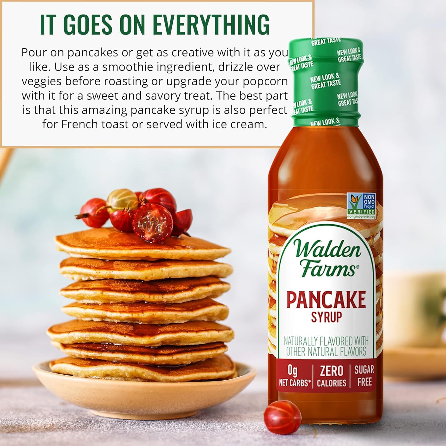 Walden Farms Pancake Syrup being poured over pancakes, sugar-free sweetness.