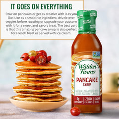 Walden Farms Pancake Syrup being poured over pancakes, sugar-free sweetness.