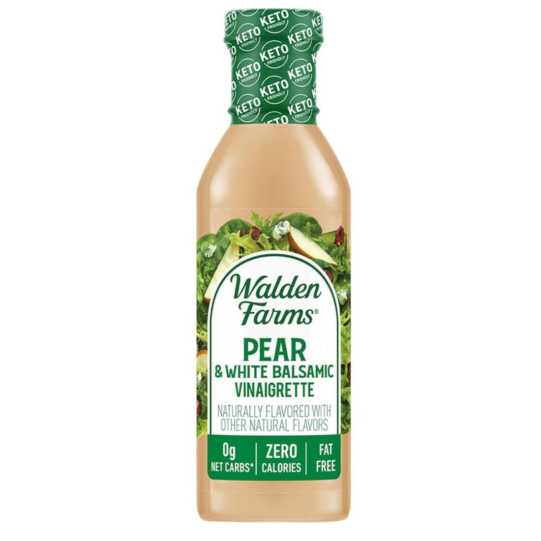 Walden Farms Pear White Balsamic Vinaigrette bottle showing zero calories.