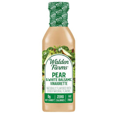 Walden Farms Pear White Balsamic Vinaigrette bottle showing zero calories.