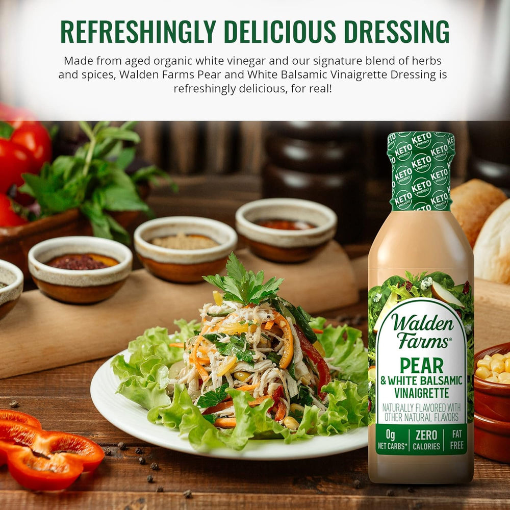 Walden Farms Pear White Balsamic Vinaigrette being poured over a fresh salad.