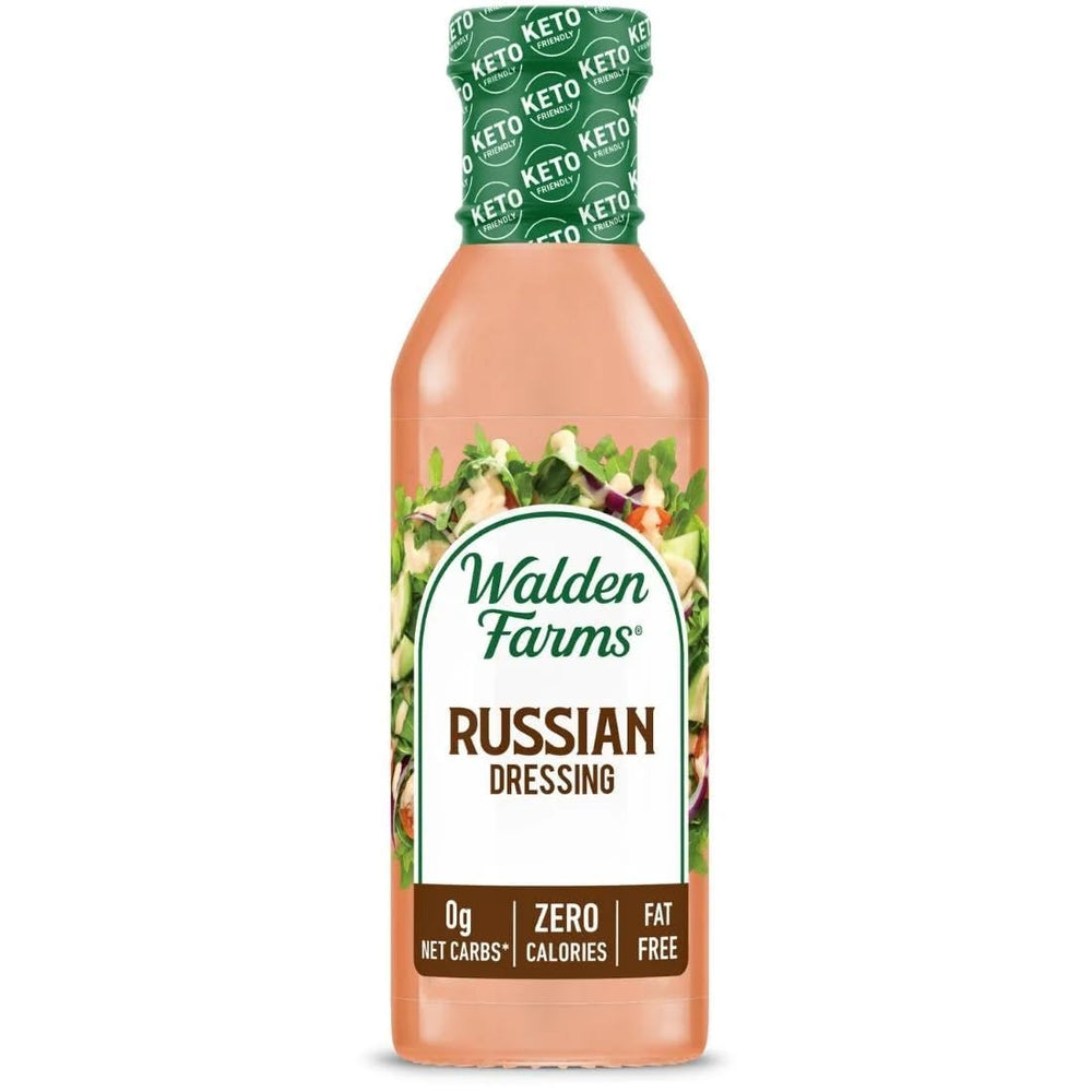 Walden Farms Russian Dressing bottle beside a fresh salad, zero calories.