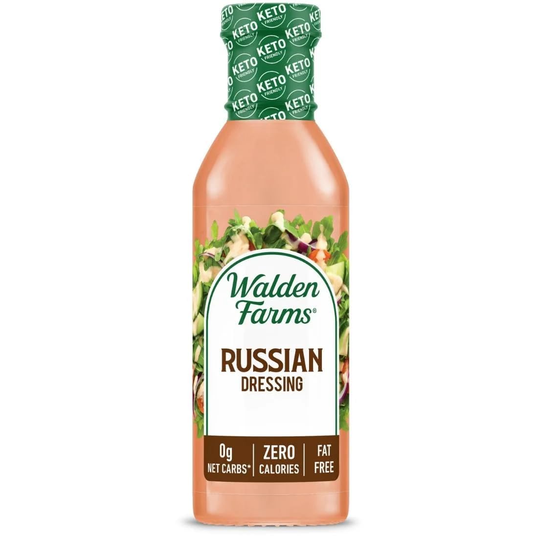 Walden Farms Russian Dressing bottle beside a fresh salad, zero calories.