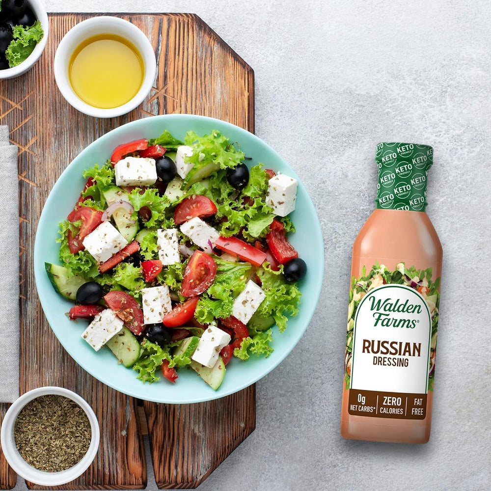 Walden Farms Russian Dressing bottle for dipping vegetables, sugar-free option.