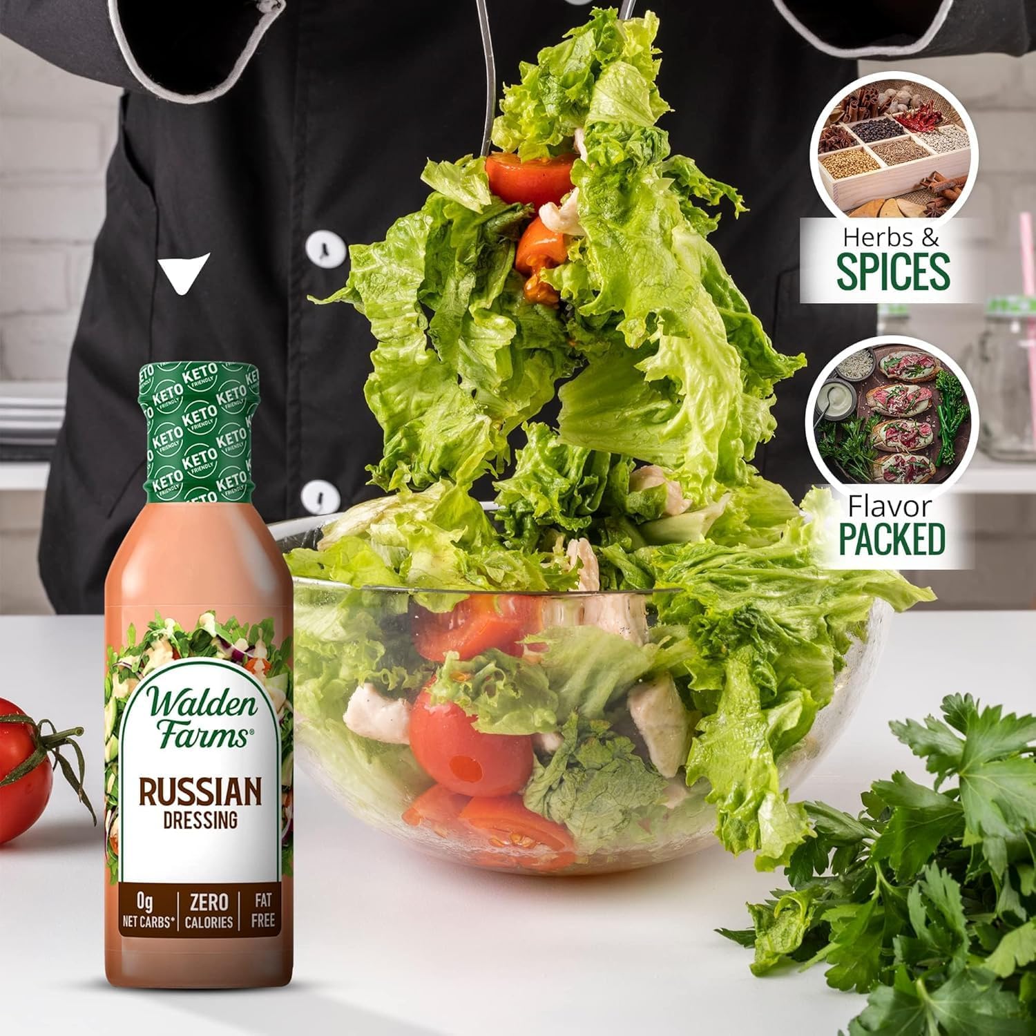 Walden Farms Russian Dressing jar close-up, highlighting packaging and label.