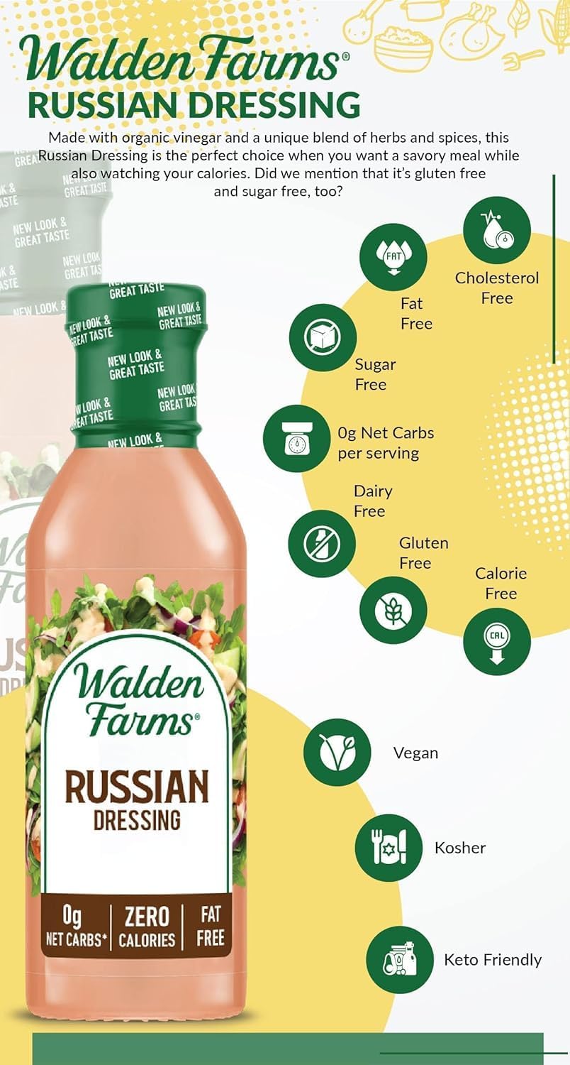 Walden Farms Russian Dressing on a kitchen counter with ingredients.