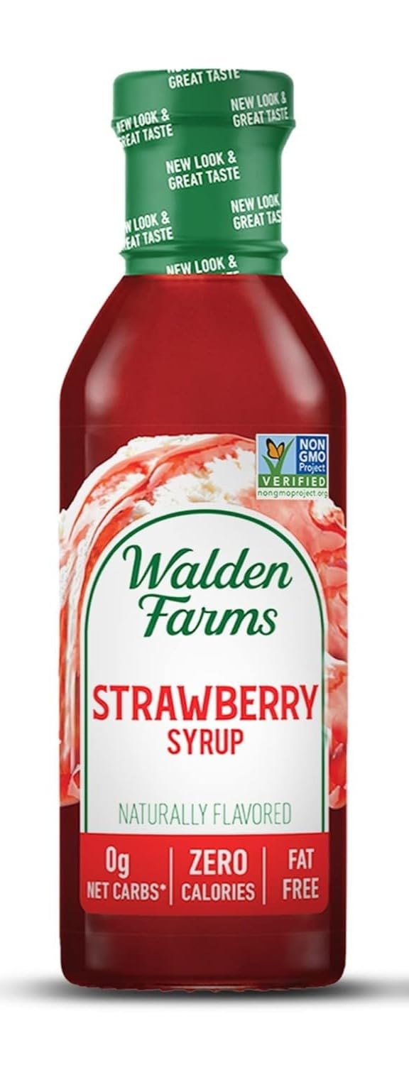 Walden Farms Strawberry Syrup bottle closeup with zero calories for dessert toppings