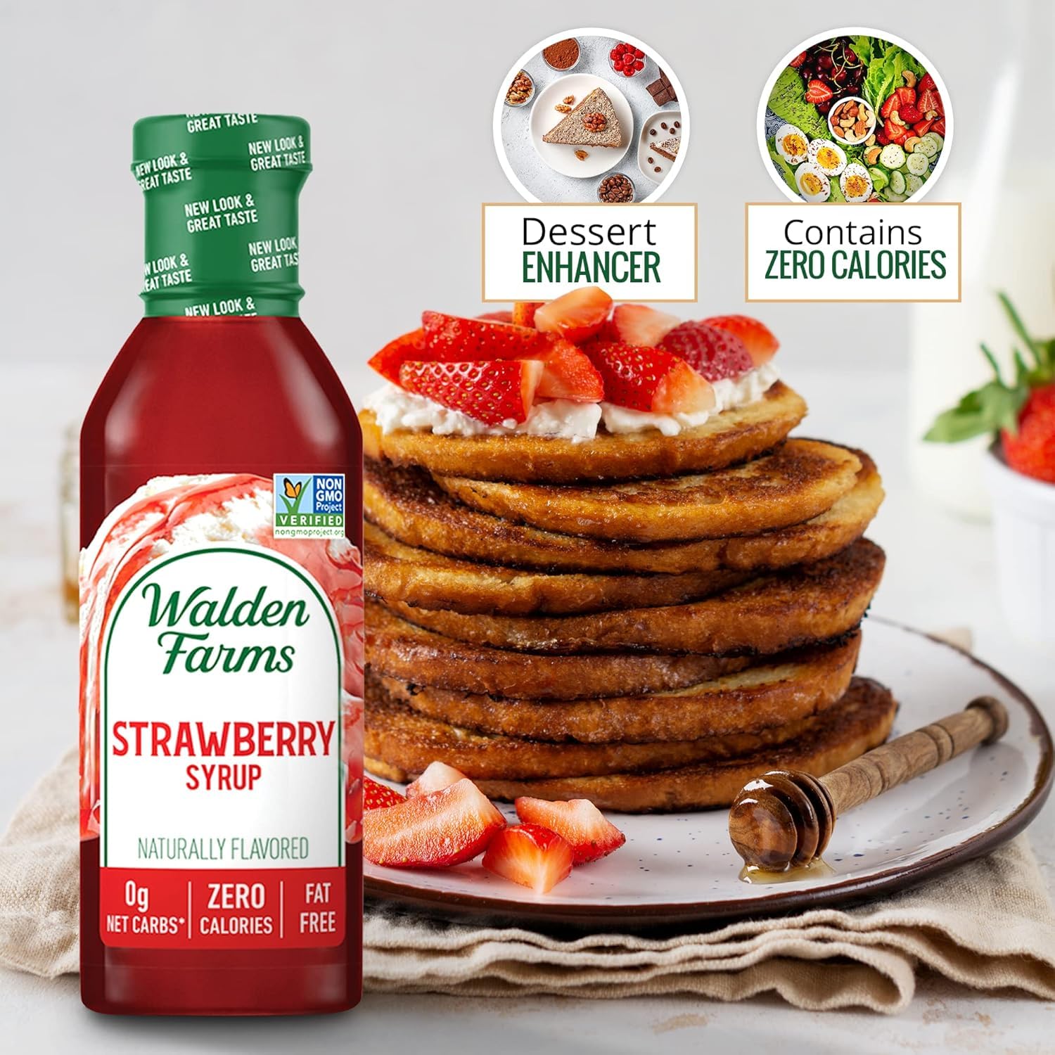 Walden Farms Strawberry Syrup on breakfast setup with pancakes and fruit.