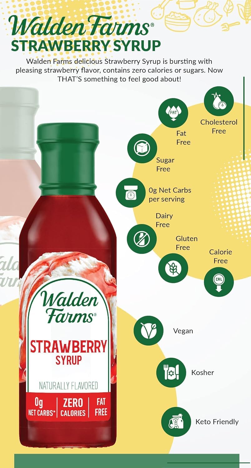 Walden Farms Strawberry Syrup on kitchen counter ready for use.