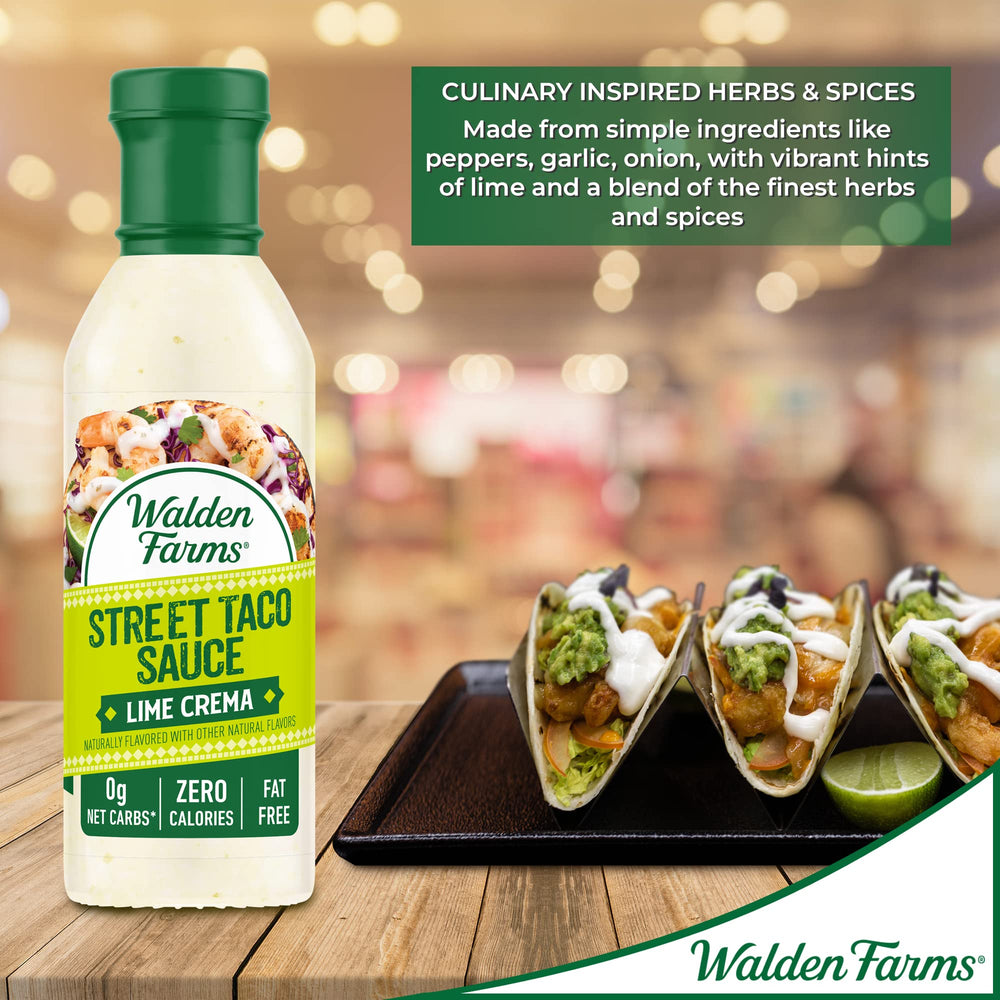 Glass bottle of Walden Farms Lime Crema in kitchen setting