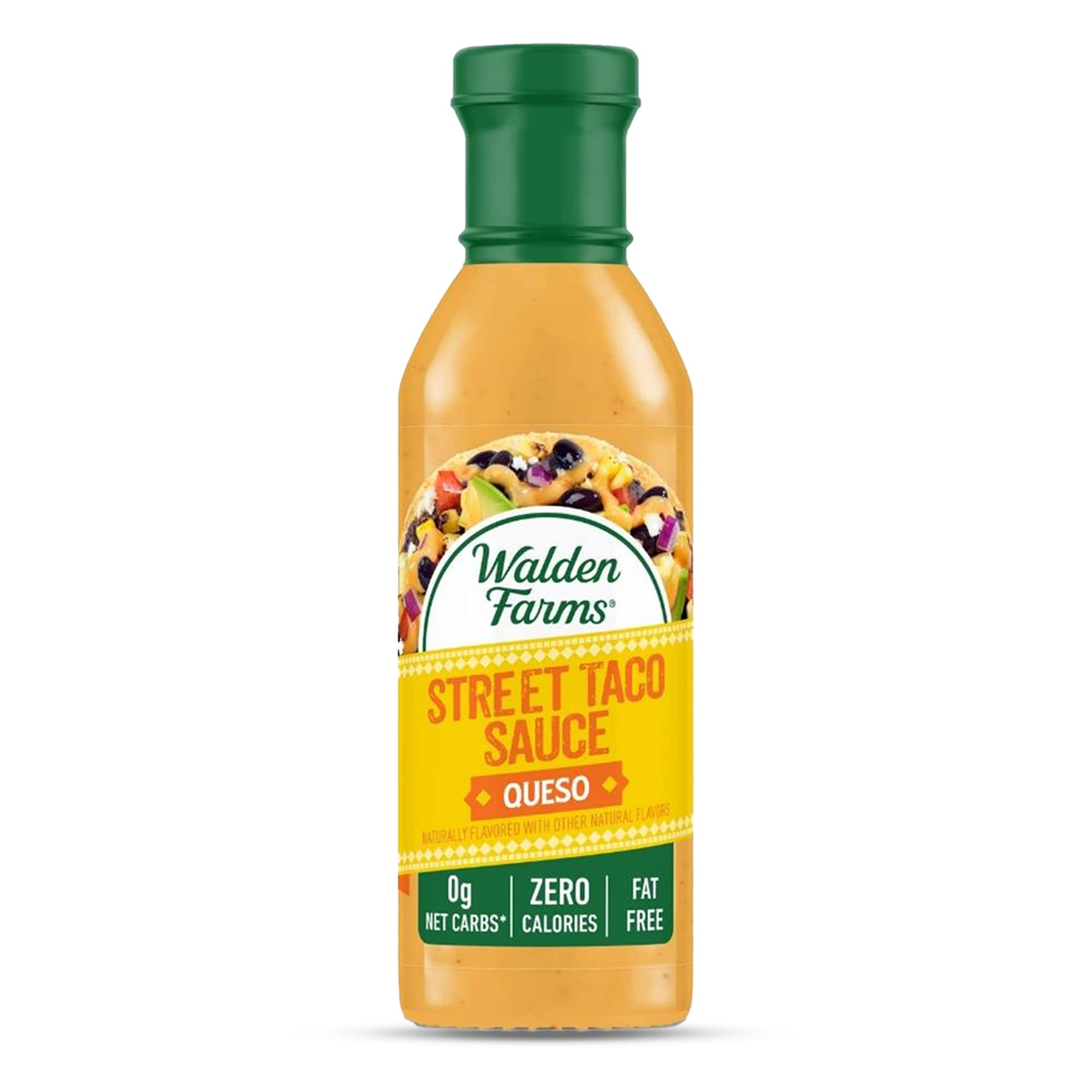 Walden Farms Street Taco Sauce Queso Flavor bottle shows zero calories for tacos.