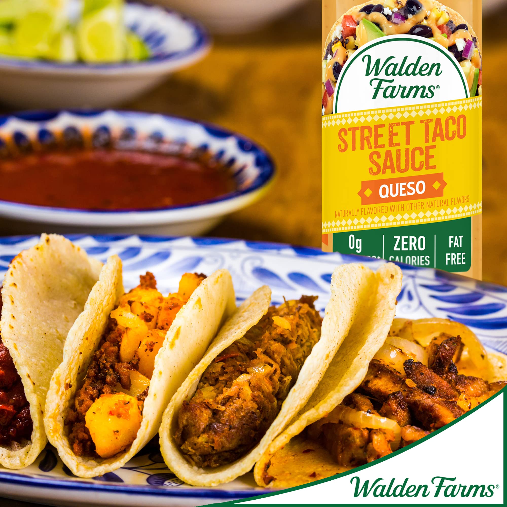 Walden Farms queso flavor drizzle over tacos with creamy aroma.