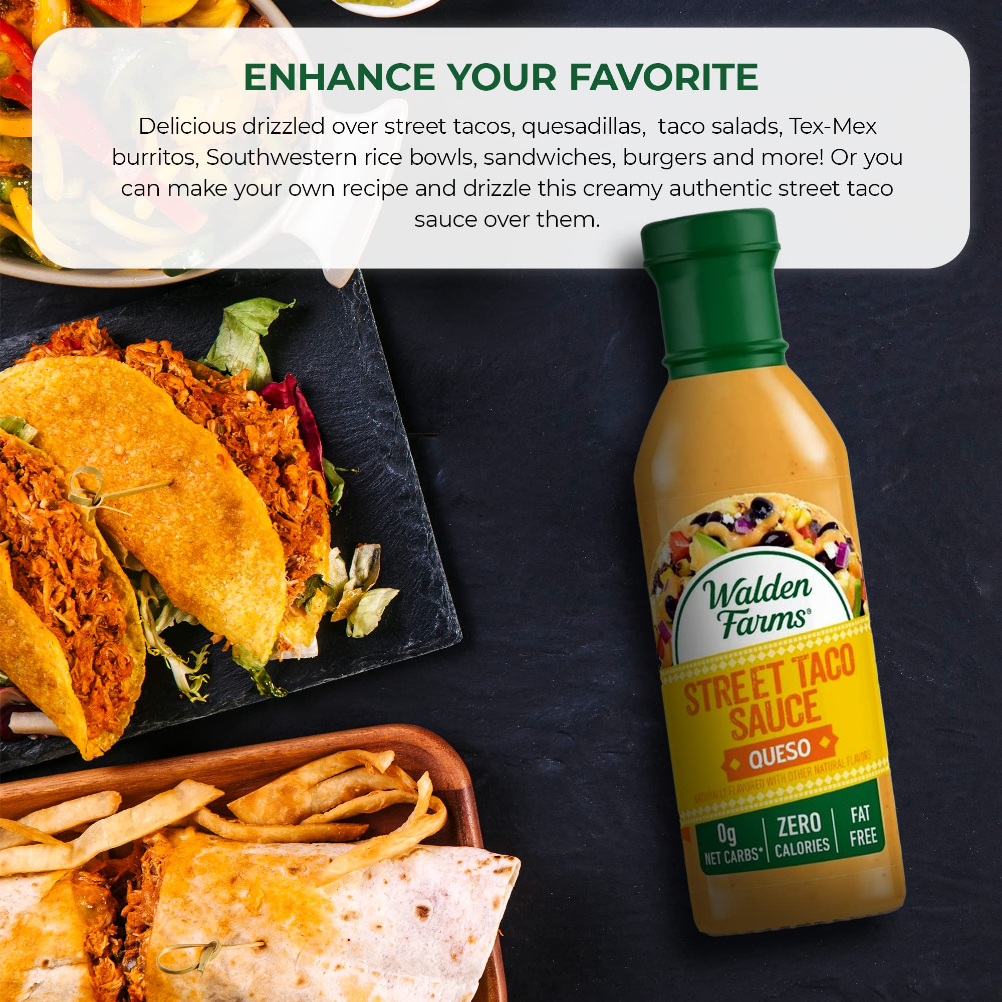 Walden Farms queso flavor bottle highlights keto-friendly, sugar-free creaminess for tacos.