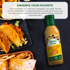 Walden Farms queso flavor bottle highlights keto-friendly, sugar-free creaminess for tacos.